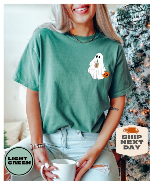 Hauntingly Cute Comfort Colors? Ghost Coffee Shirt for Spooky Coffee Lovers - Image 3