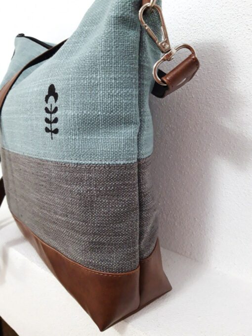 Turquoise Gray Crossbody Bag Handcrafted Vegan Canvas Purse with Brown Leather Accents - Image 6