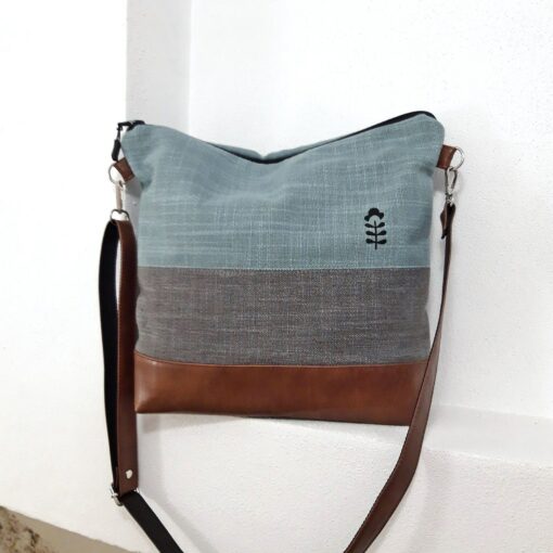Turquoise Gray Crossbody Bag Handcrafted Vegan Canvas Purse with Brown Leather Accents - Image 2
