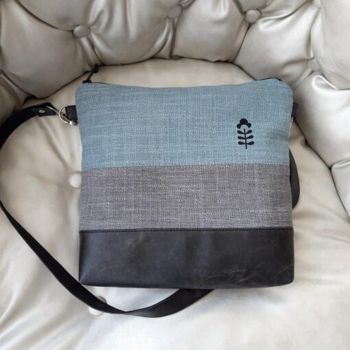 Turquoise Gray Crossbody Bag Handcrafted Vegan Canvas Purse with Brown Leather Accents - Image 5