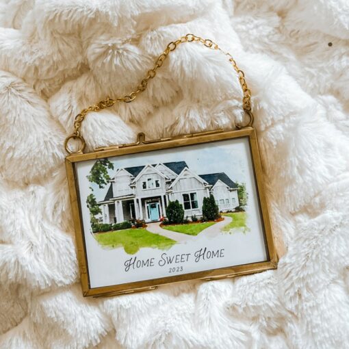 Watercolor House Portrait Ornament Capture Your Home's Charm in a Tiny Brass Frame - Image 4