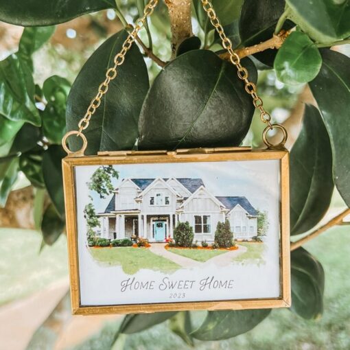 Watercolor House Portrait Ornament Capture Your Home's Charm in a Tiny Brass Frame - Image 2
