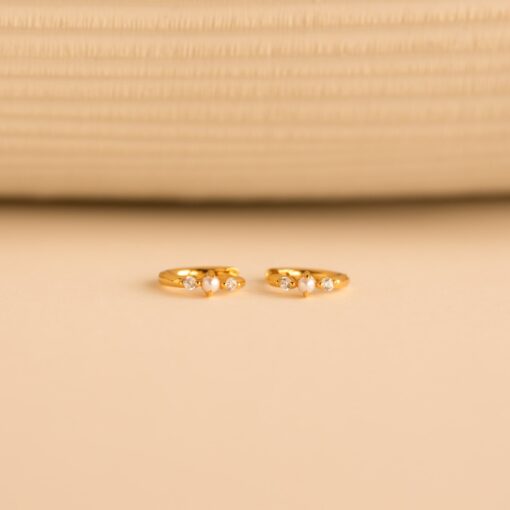Caitlyn Minimalist Pearl Diamond Huggies Dainty Diamond Earrings in Gold for Weddings and Gifts (ER369) - Image 4