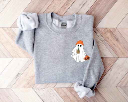Hauntingly Cute Little Ghost Ice Coffee Sweatshirt for Spooky Season - Image 3