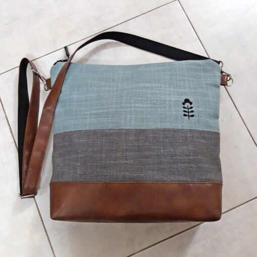 Turquoise Gray Crossbody Bag Handcrafted Vegan Canvas Purse with Brown Leather Accents - Image 3