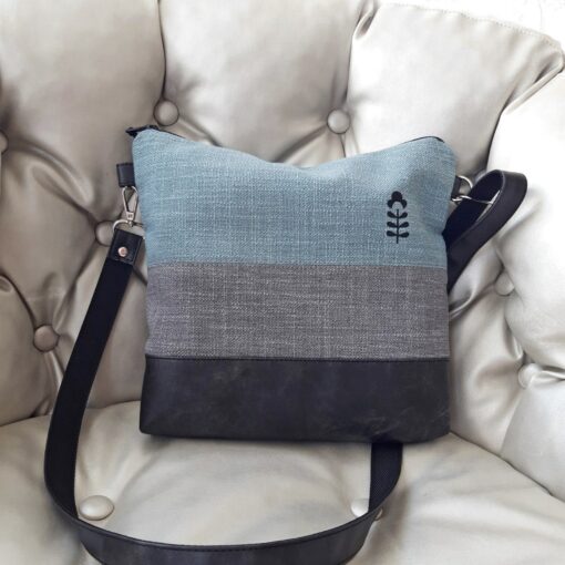 Turquoise Gray Crossbody Bag Handcrafted Vegan Canvas Purse with Brown Leather Accents - Image 4