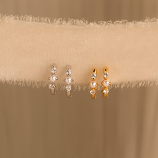 Caitlyn Minimalist Pearl Diamond Huggies Dainty Diamond Earrings in Gold for Weddings and Gifts (ER369) - Image 6