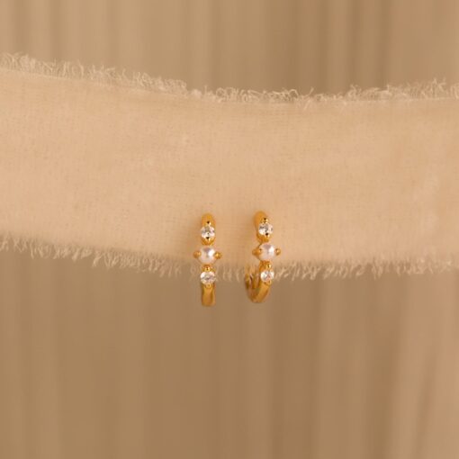 Caitlyn Minimalist Pearl Diamond Huggies Dainty Diamond Earrings in Gold for Weddings and Gifts (ER369) - Image 2