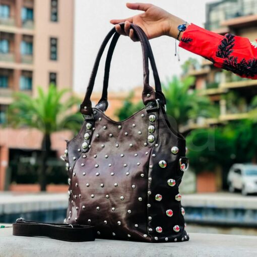 Studded Leather Handbag Personalized Tote with Rivets, a Unique Gift for Her - Image 4