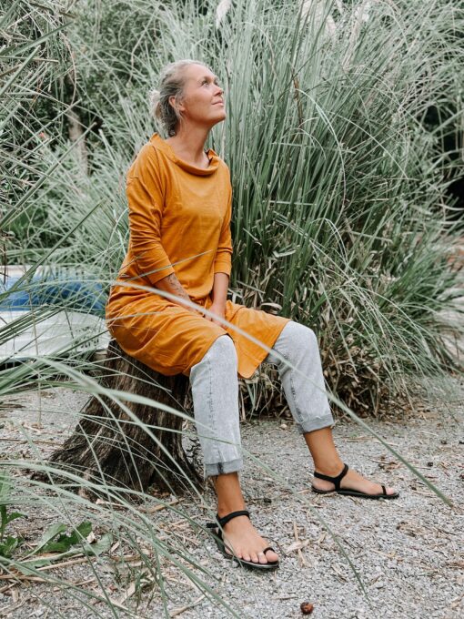 Golden Glow Sustainable 3/4 Sleeve Dress for All Seasons - Image 2