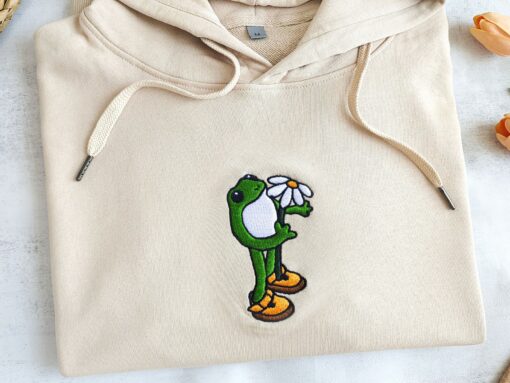 Embroidered Frog Hoodie A Hoppy and Floral Delight for Nature Enthusiasts - Image 3