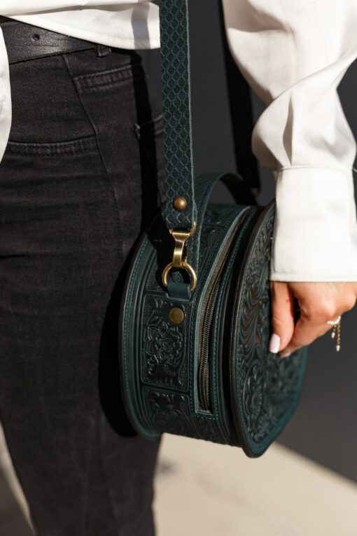 Exquisite Handmade Round Leather Bag with Intricate Flower Embossing - Image 4