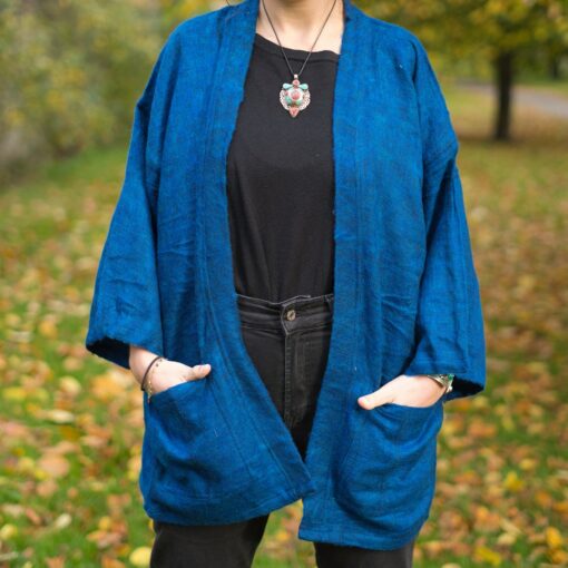 COBALT BLUE Yak Wool Kimono Embrace Warmth and Style in a Unisex Hippie Boho Robe from Nepal - Image 3