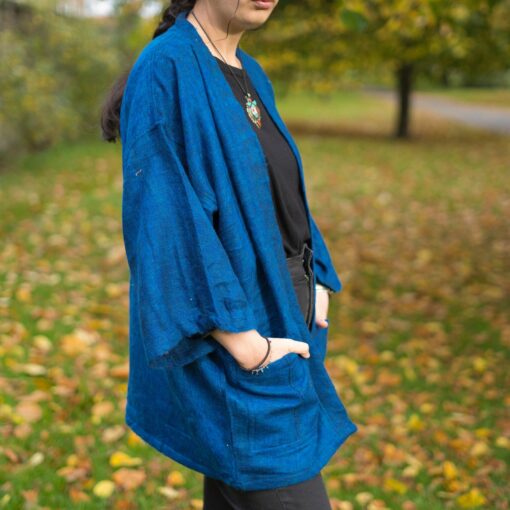 COBALT BLUE Yak Wool Kimono Embrace Warmth and Style in a Unisex Hippie Boho Robe from Nepal - Image 2