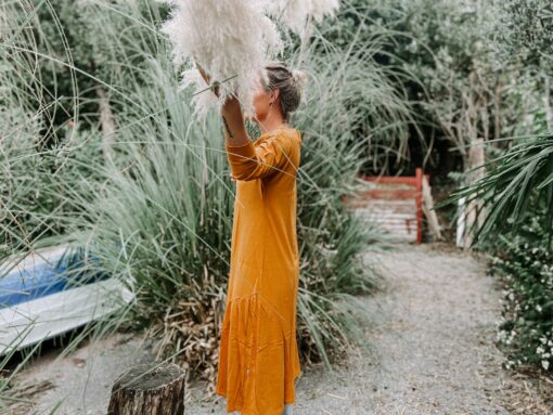 Golden Glow Sustainable 3/4 Sleeve Dress for All Seasons - Image 6
