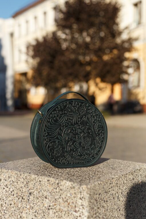 Exquisite Handmade Round Leather Bag with Intricate Flower Embossing - Image 5