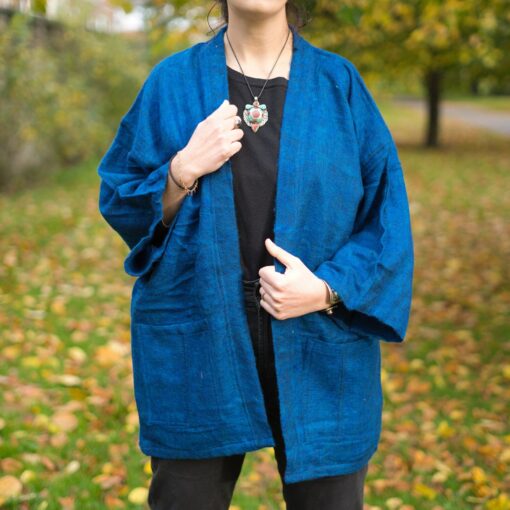 COBALT BLUE Yak Wool Kimono Embrace Warmth and Style in a Unisex Hippie Boho Robe from Nepal - Image 4