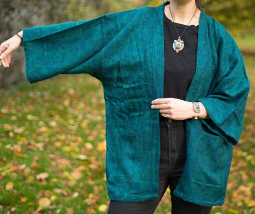 Pristine Pine Green Yak Wool Kimono Embrace Warmth and Style in a Cozy Winter Haori - Image 2