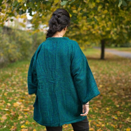 Pristine Pine Green Yak Wool Kimono Embrace Warmth and Style in a Cozy Winter Haori - Image 3