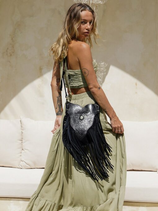 Exquisite Black Bohemian Leather Purse Intricate Carvings, Fringe Accents, and Crossbody Convenience - Image 5