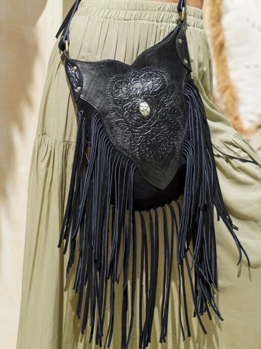 Exquisite Black Bohemian Leather Purse Intricate Carvings, Fringe Accents, and Crossbody Convenience - Image 3
