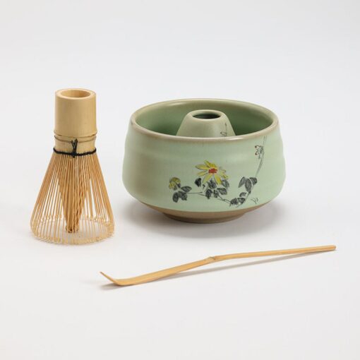 Exquisite Hand-Painted Flower Ceramic Chawan with Bamboo Whisk and Chasen Holder A Tea Ceremony Masterpiece - Image 2