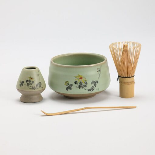 Exquisite Hand-Painted Flower Ceramic Chawan with Bamboo Whisk and Chasen Holder A Tea Ceremony Masterpiece - Image 3