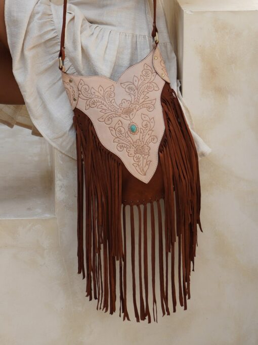 Exquisite Bohemian Brown Leather Fringe Carved Crossbody A Western Purse with Unparalleled Charm - Image 2