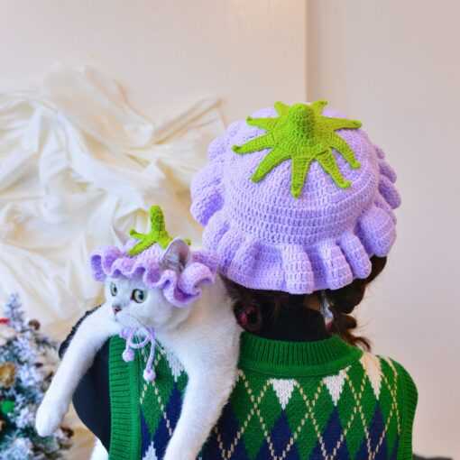 Enchanting Eggplant Elegance Matching Crochet Hat Set for You and Your Furry Friend - Image 2
