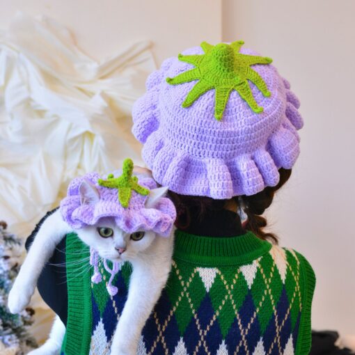Enchanting Eggplant Elegance Matching Crochet Hat Set for You and Your Furry Friend - Image 4