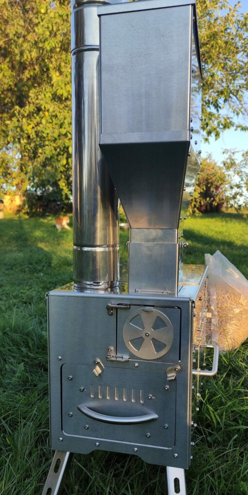 Gravity Feed Pellet Stove Outdoor Camping and Small Space Heating Solution with Oven and Cooktop - Image 4