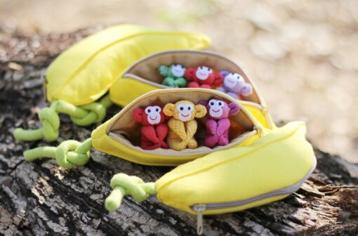 Adorable Trio of Monkeys in a Banana Zip Purse Handmade Organic Plush Toys for Home Decor or Children's Gifts - Image 3