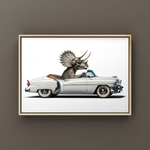 Tri-Ceratops Cruising in Style Vintage Cadillac Art Print for Dino Aficionados - Image 2