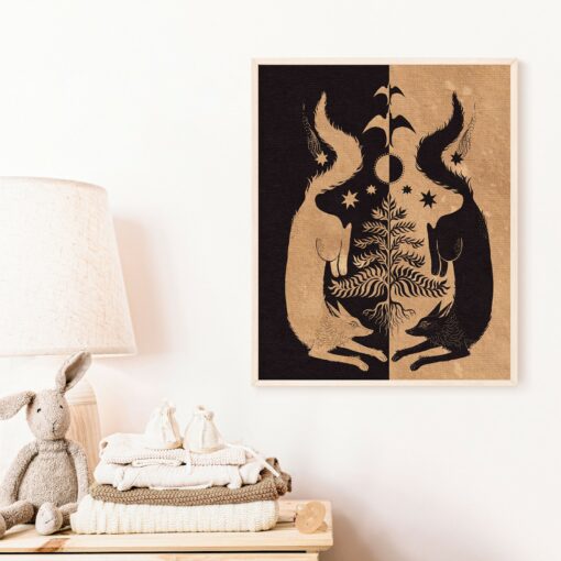 Twin Wolves and Tree Moon Phase Folk Art Print A Cottagecore Nature Lover's Botanical Witchy Illustration - Image 4