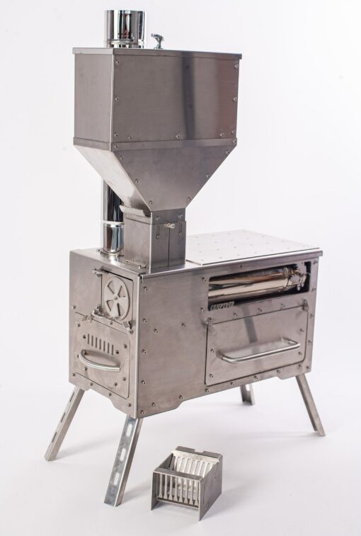 Gravity Feed Pellet Stove Outdoor Camping and Small Space Heating Solution with Oven and Cooktop - Image 3