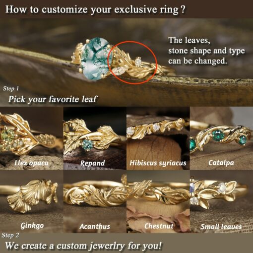 Nature's Embrace Vintage Pear Cut Green Sapphire Engagement Ring Set with Leaf-Inspired Wedding Band - Image 2