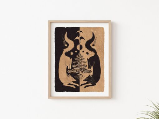 Twin Wolves and Tree Moon Phase Folk Art Print A Cottagecore Nature Lover's Botanical Witchy Illustration - Image 3