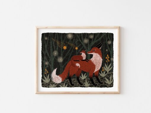 Celestial Solace Fox Mama and Baby's Cosmic Embrace in Nature's Embrace - Image 2