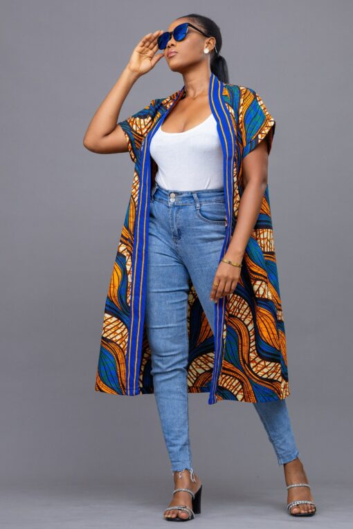Vibrant Ankara Kimono Embrace African Elegance in Orange and Blue - Image 4