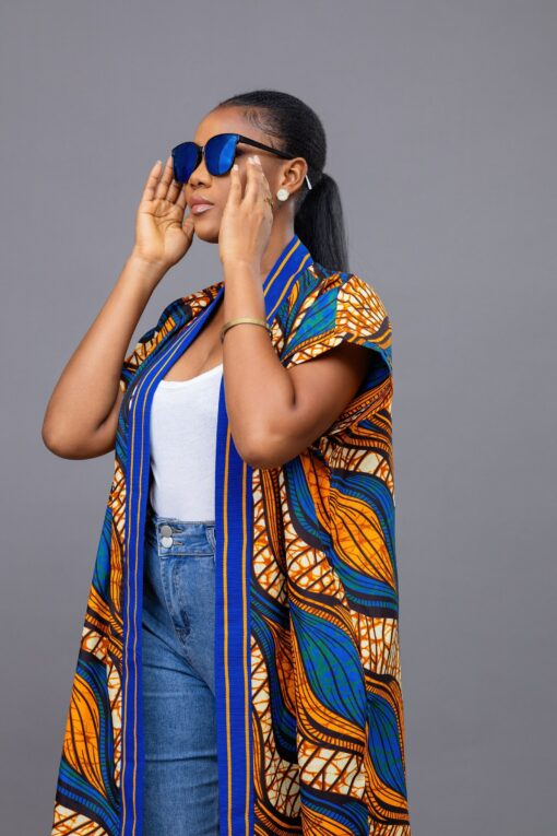Vibrant Ankara Kimono Embrace African Elegance in Orange and Blue - Image 3