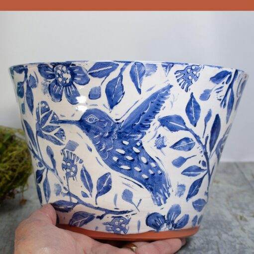 Terra Cotta Hummingbird Haven Handmade Planter with Blue and White Charm - Image 4