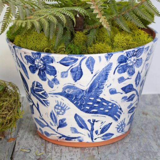 Terra Cotta Hummingbird Haven Handmade Planter with Blue and White Charm - Image 2