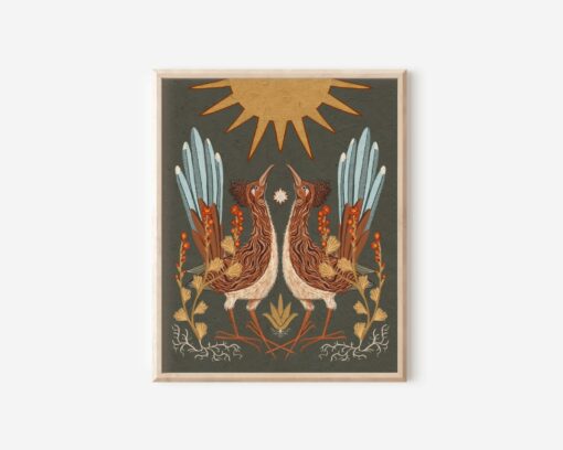 Celestial Desert Tapestry Twin Roadrunners, Sun, and Globemallow Folk Art Print - Image 2