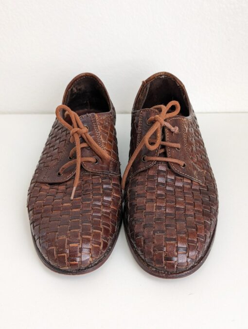 Vintage Woven Derby Shoes Italian Brown Leather Oxford Lace-Ups for Men (Size 8) - Image 2
