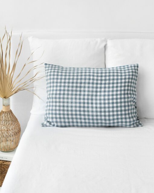 Cozy Linen Pillowcase Elevate Your Farmhouse Bedding with Gray Blue Gingham - Image 2