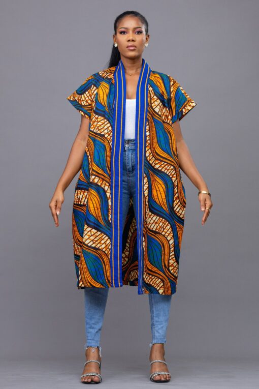 Vibrant Ankara Kimono Embrace African Elegance in Orange and Blue - Image 5