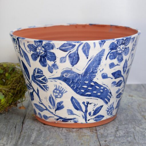 Terra Cotta Hummingbird Haven Handmade Planter with Blue and White Charm - Image 3