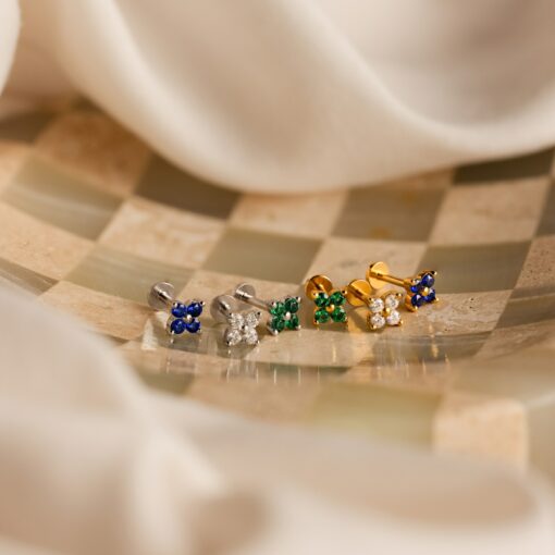 Caitlyn Minimalist's Trio of Floral Studs Sapphire, Diamond, and Gold - Image 6