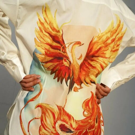 Phoenix-Embroidered Oversized White Cotton Shirt Elevate Your Office Style - Image 2