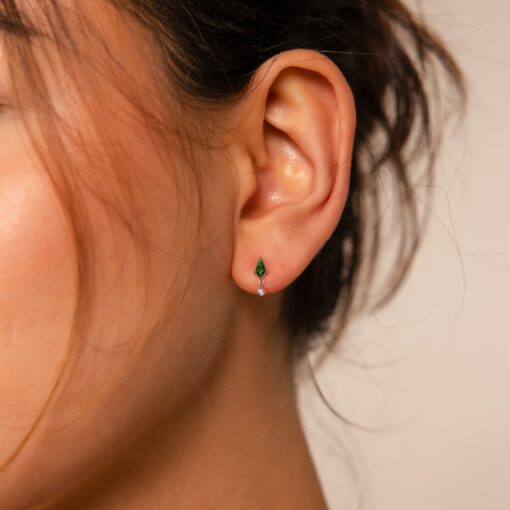 Emerald Kite Stud Earrings Minimalist Gemstone Drops with Diamond Charm - Image 5